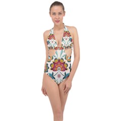 Baatik Print  Halter Front Plunge Swimsuit by designsbymallika