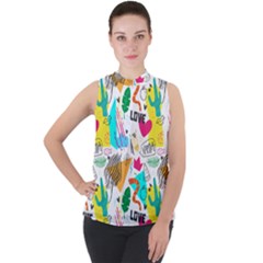 Doodle Pattern Mock Neck Chiffon Sleeveless Top