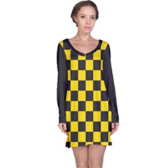 Checkerboard Pattern Black And Yellow Ancap Libertarian Long Sleeve Nightdress by snek