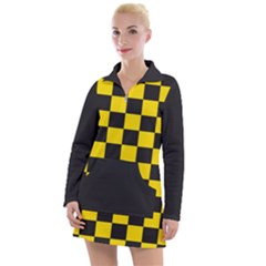 Checkerboard Pattern Black And Yellow Ancap Libertarian Women s Long Sleeve Casual Dress by snek