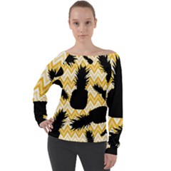 Ananas Chevrons Noir/jaune Off Shoulder Long Sleeve Velour Top by kcreatif