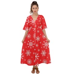 Christmas Seamless With Snowflakes Snowflake Pattern Red Background Winter Kimono Sleeve Boho Dress by Vaneshart