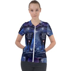 Awesome Wolf In The Gate Short Sleeve Zip Up Jacket by FantasyWorld7