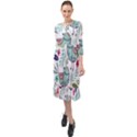 Floral Pattern With Birds Flowers Leaves Dark Background Ruffle End Midi Chiffon Dress View1