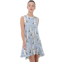 Cute Seagulls Seamless Pattern Light Blue Background Frill Swing Dress