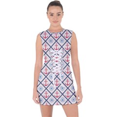 Seamless Pattern With Cross Lines Steering Wheel Anchor Lace Up Front Bodycon Dress