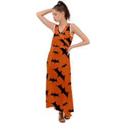 Halloween Card With Bats Flying Pattern V-neck Chiffon Maxi Dress by Vaneshart