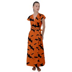 Halloween Card With Bats Flying Pattern Flutter Sleeve Maxi Dress by Vaneshart