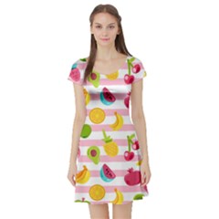 Tropical Fruits Berries Seamless Pattern Short Sleeve Skater Dress by Vaneshart