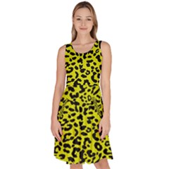 Leopard Spots Pattern, Yellow And Black Animal Fur Print, Wild Cat Theme Knee Length Skater Dress With Pockets by Casemiro