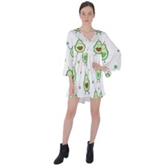 Cute Seamless Pattern With Avocado Lovers V-neck Flare Sleeve Mini Dress by BangZart