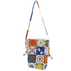 Mexican Talavera Pattern Ceramic Tiles With Flower Leaves Bird Ornaments Traditional Majolica Style Folding Shoulder Bag by BangZart