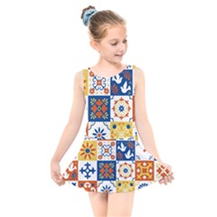 Mexican Talavera Pattern Ceramic Tiles With Flower Leaves Bird Ornaments Traditional Majolica Style Kids  Skater Dress Swimsuit by BangZart