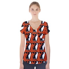  Bull In Comic Style Pattern - Mad Farming Animals Short Sleeve Front Detail Top by DinzDas