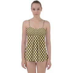 Gold Polka Dots Patterm, Retro Style Dotted Pattern, Classic White Circles Babydoll Tankini Set by Casemiro