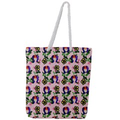 60s Girl Pink Floral Daisy Full Print Rope Handle Tote (large) by snowwhitegirl