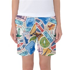 Travel Pattern Immigration Stamps Stickers With Historical Cultural Objects Travelling Visa Immigrant Women s Basketball Shorts by Amaryn4rt