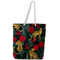 Seamless-pattern-with-leopards-and-roses-vector Full Print Rope Handle Tote (large) by Sobalvarro