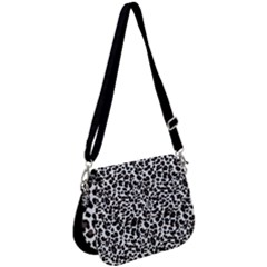 Leopard Spots, White, Brown Black, Animal Fur Print Saddle Handbag by Casemiro