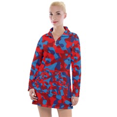 Red And Blue Camouflage Pattern Women s Long Sleeve Casual Dress by SpinnyChairDesigns