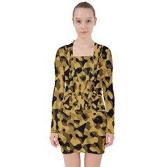 Black Yellow Brown Camouflage Pattern V-neck Bodycon Long Sleeve Dress by SpinnyChairDesigns