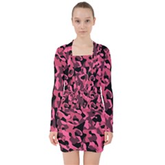 Black And Pink Camouflage Pattern V-neck Bodycon Long Sleeve Dress by SpinnyChairDesigns