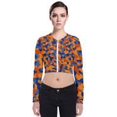 Blue And Orange Camouflage Pattern Long Sleeve Zip Up Bomber Jacket by SpinnyChairDesigns