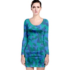 Blue Turquoise Teal Camouflage Pattern Long Sleeve Bodycon Dress by SpinnyChairDesigns