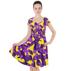 Purple And Yellow Camouflage Pattern Cap Sleeve Midi Dress by SpinnyChairDesigns