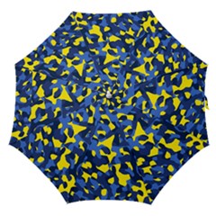 Blue And Yellow Camouflage Pattern Straight Umbrellas by SpinnyChairDesigns