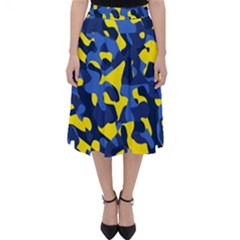 Blue And Yellow Camouflage Pattern Classic Midi Skirt by SpinnyChairDesigns