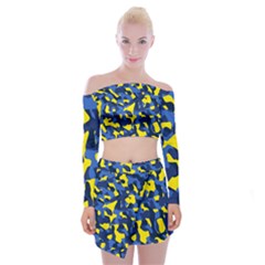 Blue And Yellow Camouflage Pattern Off Shoulder Top With Mini Skirt Set by SpinnyChairDesigns