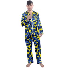 Blue And Yellow Camouflage Pattern Men s Long Sleeve Satin Pyjamas Set by SpinnyChairDesigns