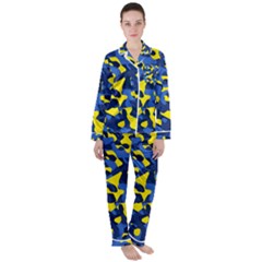 Blue And Yellow Camouflage Pattern Satin Long Sleeve Pyjamas Set by SpinnyChairDesigns