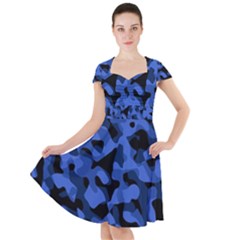 Black And Blue Camouflage Pattern Cap Sleeve Midi Dress by SpinnyChairDesigns