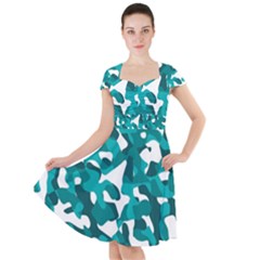 Teal And White Camouflage Pattern Cap Sleeve Midi Dress by SpinnyChairDesigns