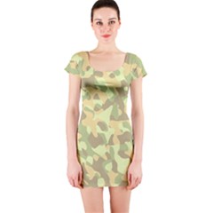 Light Green Brown Yellow Camouflage Pattern Short Sleeve Bodycon Dress by SpinnyChairDesigns