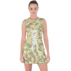 Light Green Brown Yellow Camouflage Pattern Lace Up Front Bodycon Dress by SpinnyChairDesigns