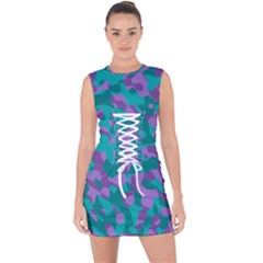 Purple And Teal Camouflage Pattern Lace Up Front Bodycon Dress by SpinnyChairDesigns