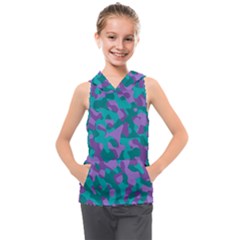 Purple And Teal Camouflage Pattern Kids  Sleeveless Hoodie by SpinnyChairDesigns