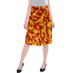 Red And Yellow Camouflage Pattern Midi Beach Skirt by SpinnyChairDesigns