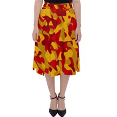 Red And Yellow Camouflage Pattern Classic Midi Skirt by SpinnyChairDesigns