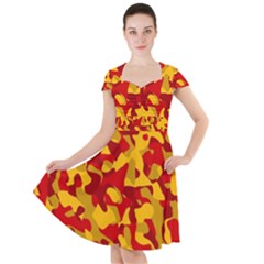 Red And Yellow Camouflage Pattern Cap Sleeve Midi Dress by SpinnyChairDesigns