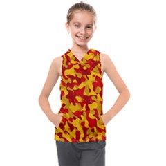 Red And Yellow Camouflage Pattern Kids  Sleeveless Hoodie by SpinnyChairDesigns