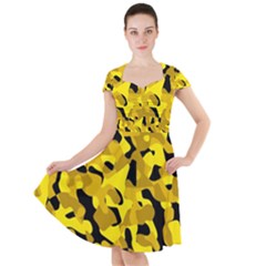 Black And Yellow Camouflage Pattern Cap Sleeve Midi Dress by SpinnyChairDesigns