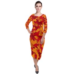 Red And Orange Camouflage Pattern Quarter Sleeve Midi Velour Bodycon Dress by SpinnyChairDesigns