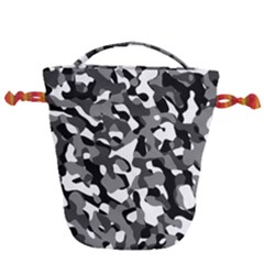 Black And White Camouflage Pattern Drawstring Bucket Bag by SpinnyChairDesigns