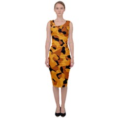 Orange And Black Camouflage Pattern Sleeveless Pencil Dress by SpinnyChairDesigns