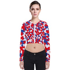 Red White Blue Camouflage Pattern Long Sleeve Zip Up Bomber Jacket by SpinnyChairDesigns