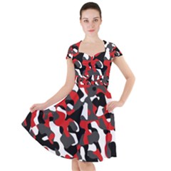 Black Red White Camouflage Pattern Cap Sleeve Midi Dress by SpinnyChairDesigns